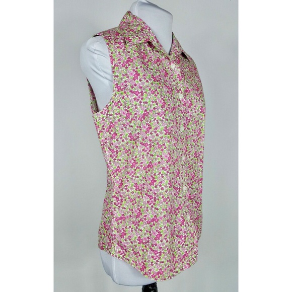 Pink & Green Floral Top M Sleeveless Button Front - Picture 4 of 8